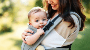 Parent wearing baby in ergonomic carrier outdoors, happy bonding moment, natural lighting, no text no words no letters