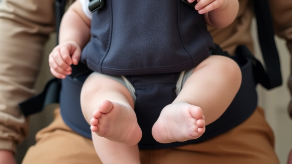 Close up of baby in carrier showing proper M position legs, safety buckles visible, comfortable positioning, no text no words no letters