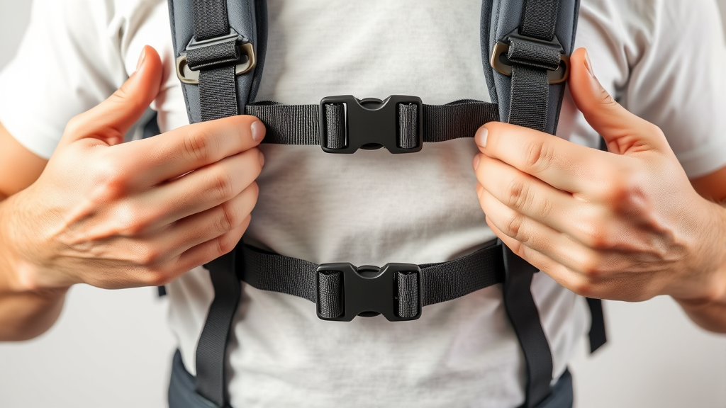 Hands adjusting carrier straps and buckles, demonstrating proper fit and positioning techniques, no text no words no letters