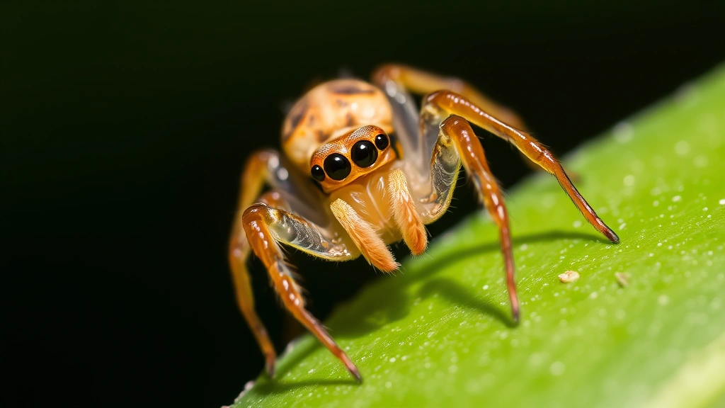 Close-up of a small tan-colored juvenile spider on a leaf or natural surface, showing fine detail of body and legs in natural daylight