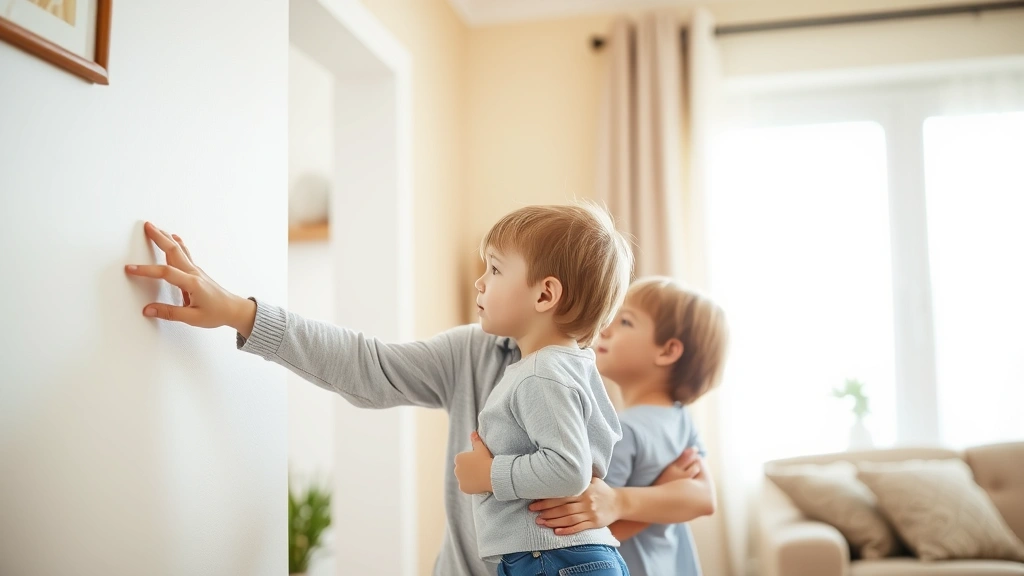 Parent and child in a home environment, parent pointing out a corner of a room while child observes, bright indoor lighting, warm family moment