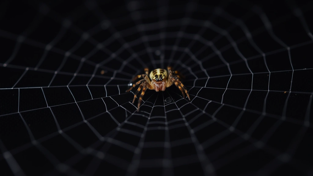 Juvenile spider in irregular web pattern on dark surface, close-up nature photography, shallow depth of field, realistic lighting conditions