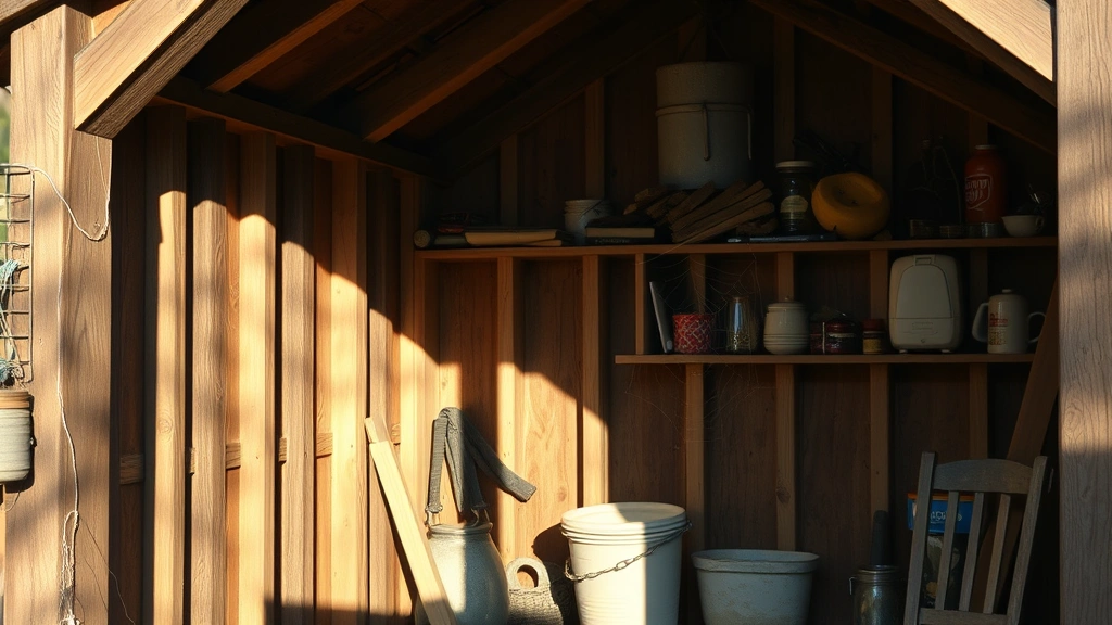 Garden shed corner with wooden beams and stored items, spider web visible in shadows, warm natural daylight streaming in, photorealistic
