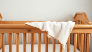 Soft pastel baby blanket draped over wooden crib rail in nursery, no text no words no letters