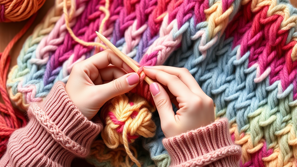 Hands knitting colorful yarn into baby blanket pattern, cozy crafting scene, no text no words no letters