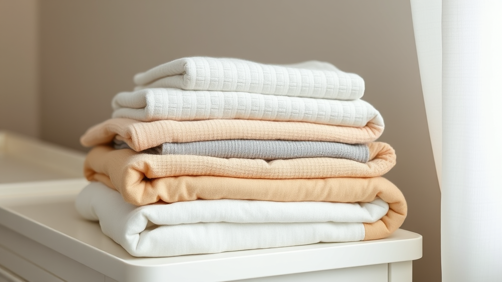 Stack of folded baby blankets in neutral colors on changing table, no text no words no letters