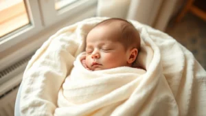 Soft newborn wrapped gently in a light cotton receiving blanket, peaceful sleeping expression, warm natural lighting from window