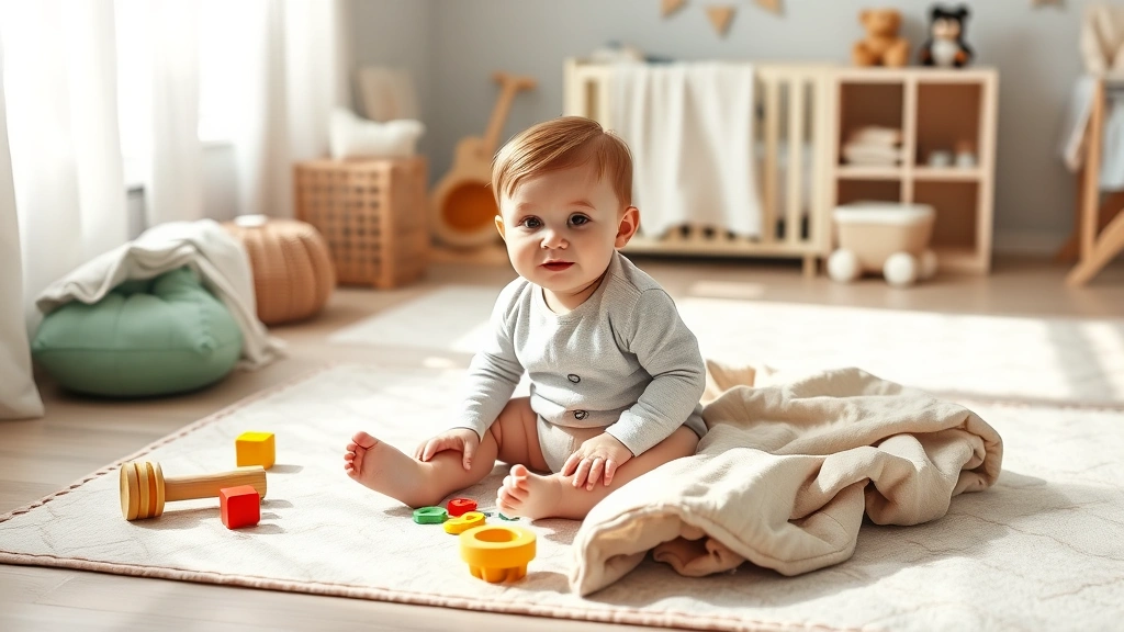 Toddler sitting on a playmat with a cozy blanket draped nearby, playing with toys in bright, airy nursery room