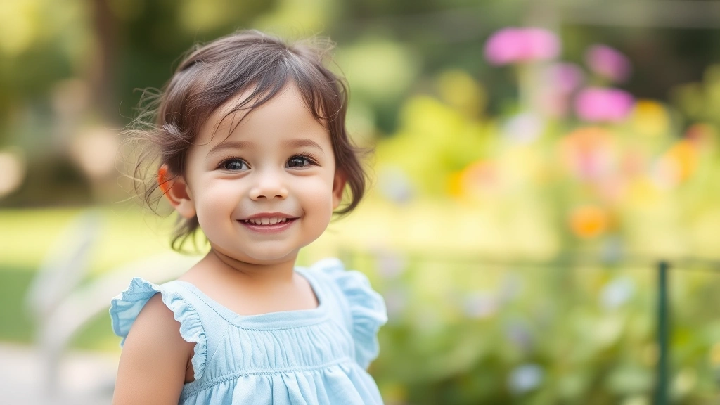 Young child wearing a soft baby blue dress, smiling outdoors in natural daylight with blurred garden background