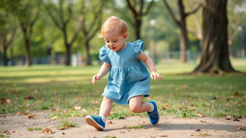 Toddler in a baby blue dress playing actively at a park, captured mid-movement showing comfort and durability