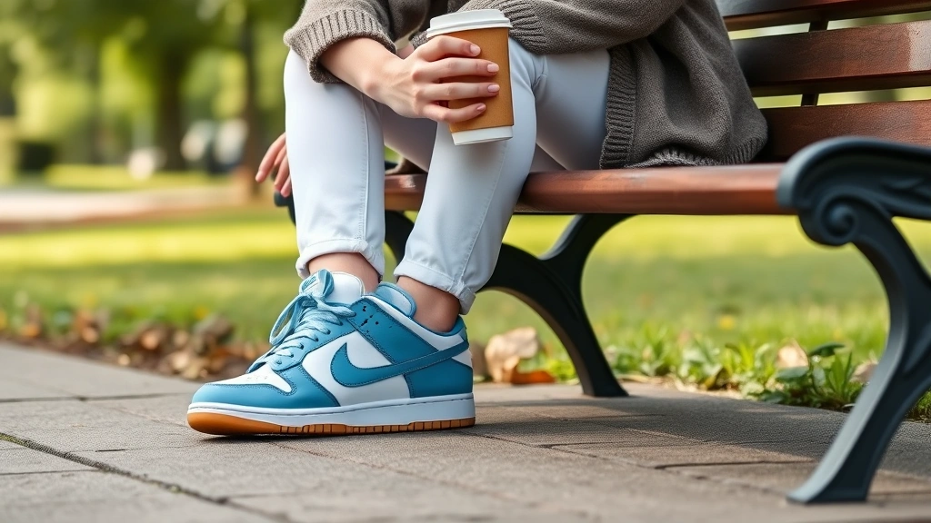 A parent wearing baby blue Dunk sneakers with white jeans and a neutral cardigan, sitting on a park bench with a coffee cup, natural daylight, relaxed confident posture
