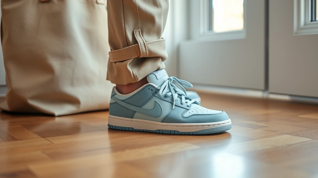 Close-up detail of a baby blue Dunk sneaker on a polished wooden floor next to a neutral-toned tote bag and rolled-up tailored trousers, soft natural lighting
