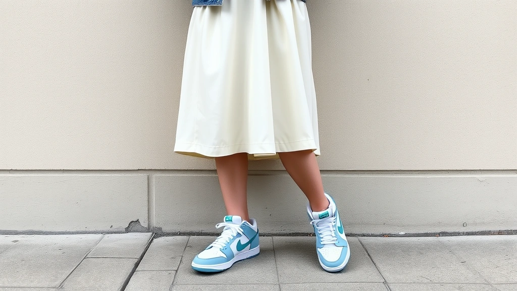 A person styling baby blue Dunks with a cream midi skirt and denim jacket standing against a neutral wall, full-body shot showing the complete outfit coordination