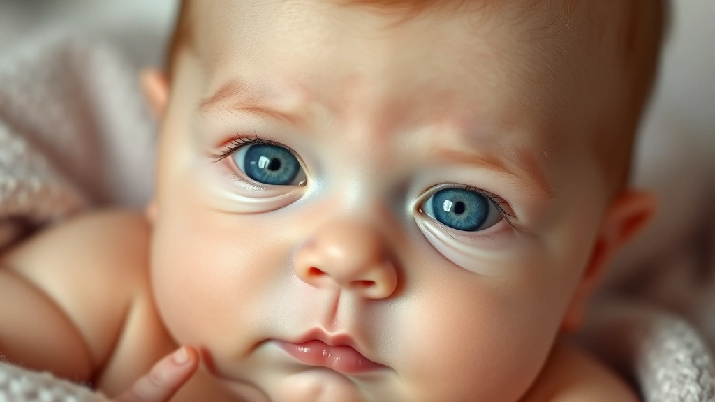 Newborn baby with bright blue eyes gazing directly at camera, soft natural lighting, peaceful expression, close-up portrait
