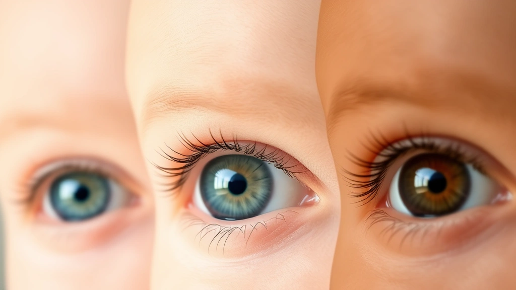 Progression of infant eye colors showing blue, green, hazel, and brown eyes side by side, natural daylight, clear iris detail