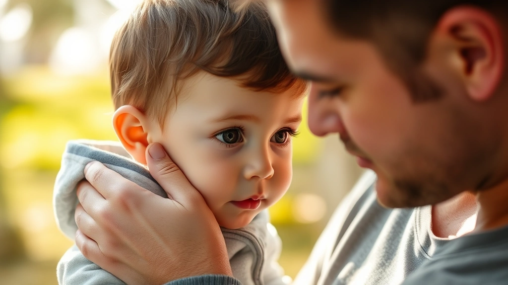 Parent gently examining toddler's changing eye color in natural sunlight, tender moment, soft focus background, warm family atmosphere