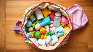 Overhead flat lay of a colorful Baby Bogg Bag filled with baby essentials including diapers, bottles, toys, and colorful clothing items arranged neatly inside
