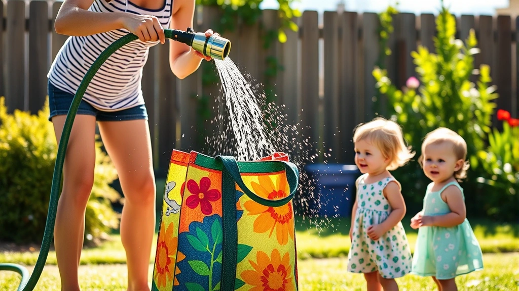 Parent rinsing out a vibrant Bogg Bag with a garden hose, water streaming over the bag in bright sunlight with a happy toddler watching nearby