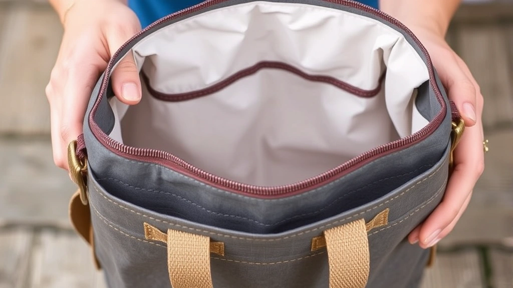 Close-up detail shot of hands holding a Baby Bogg Bag showing the waterproof material texture, open top design, and sturdy handles with various colors visible