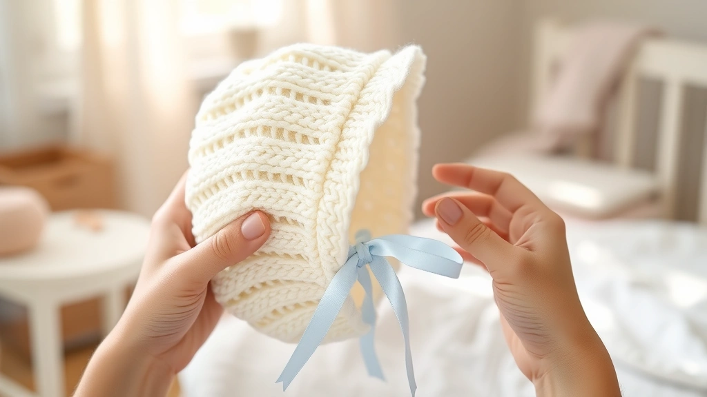 Soft hands gently holding a delicate cream-colored knitted baby bonnet with pale blue ribbon ties, natural window lighting, cozy nursery background