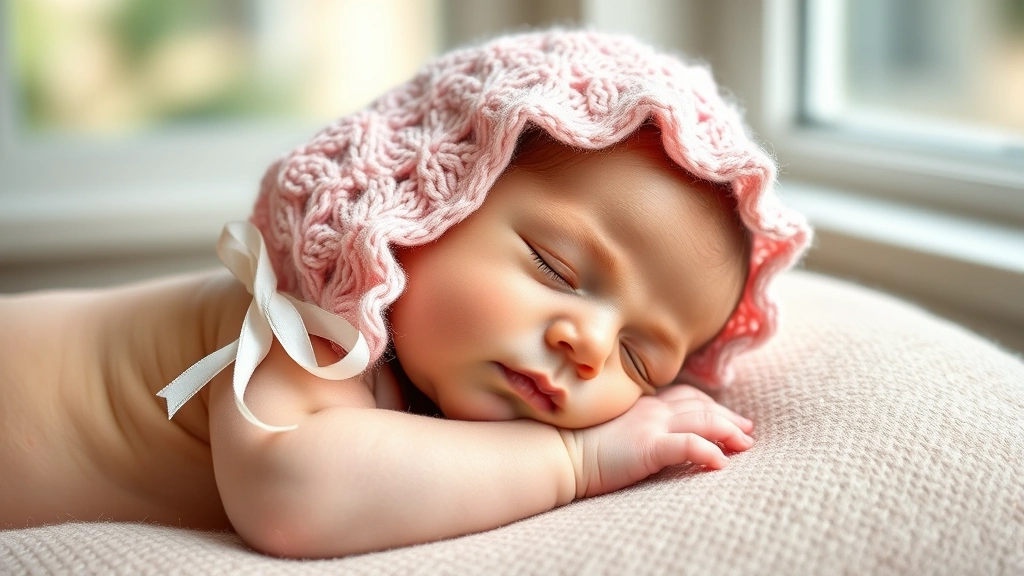 Adorable newborn wearing a handknitted pale pink bonnet with white ribbon, peaceful sleeping pose, soft natural daylight from window