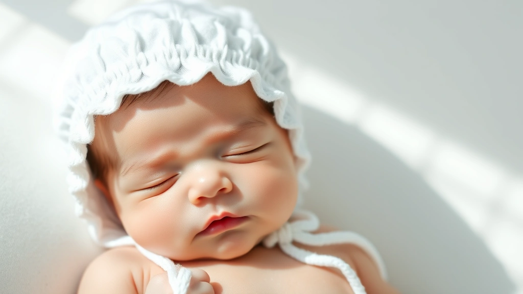 Newborn baby wearing a soft white cotton bonnet with delicate ties, peaceful expression, natural daylight background with soft shadows
