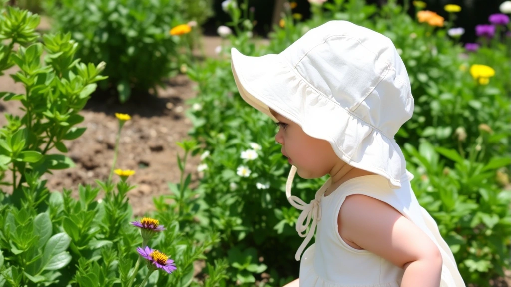 Toddler in a lightweight summer bonnet exploring a garden with green plants and flowers, showing the bonnet's brim protecting from sunlight, candid outdoor moment.