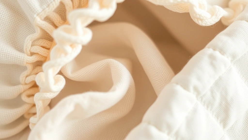 Close-up of baby bonnet fabric textures showing cotton, linen, and quilted materials arranged together, neutral tones, detailed weave patterns visible