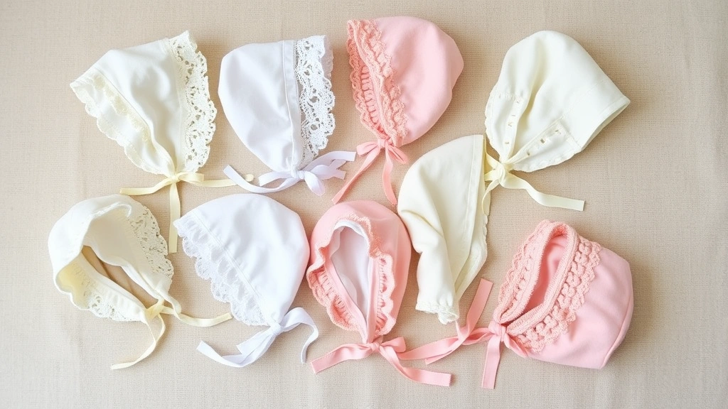 Flat lay arrangement of various baby bonnets in different styles and colors including heirloom lace, simple cotton, and winter fleece versions, arranged artfully on neutral fabric background.