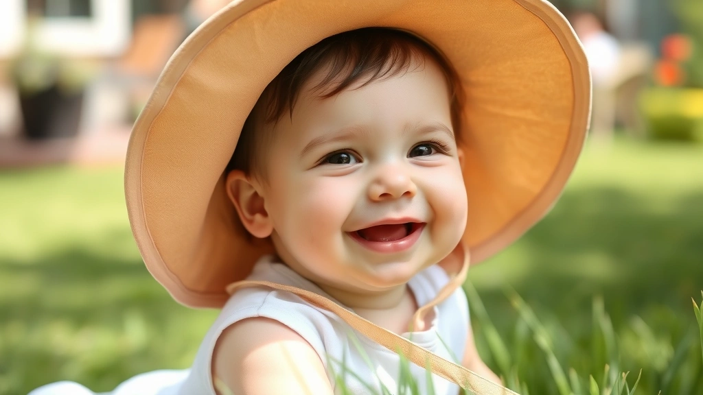 Happy baby outdoors wearing a wide-brimmed sun bonnet, protected in shade, playing safely near grass with blurred garden background