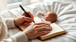 Parent writing in a leather-bound baby book with a sleeping newborn nearby on a soft white bed, natural window light