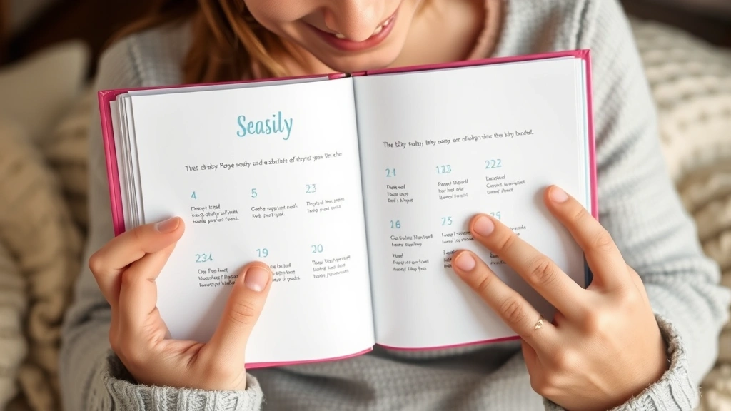 Hands holding a beautiful baby book with milestone markers visible, smiling parent looking at pages with nostalgic expression
