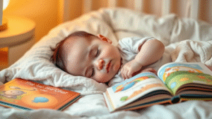 Peaceful baby sleeping with colorful storybooks nearby on soft bedding, warm lighting, cozy nursery atmosphere, no text, no words, no letters