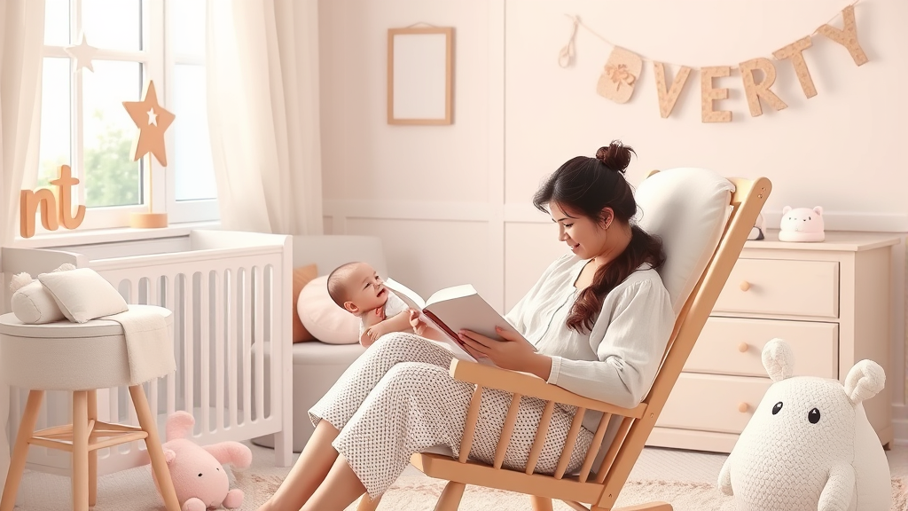 Cozy nursery scene with parent reading to baby in rocking chair soft warm lighting peaceful atmosphere no text no words no letters