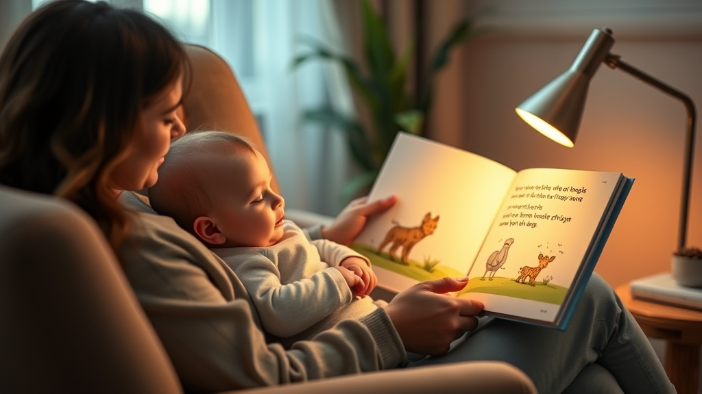 Parent reading to calm baby in comfortable chair, soft evening light, open picture book with gentle illustrations, no text, no words, no letters