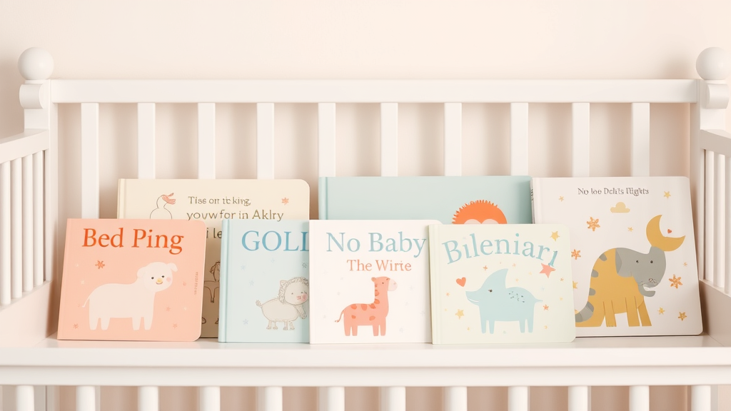 Collection of baby board books arranged on nursery shelf, soft pastel colors, peaceful bedtime setting, no text, no words, no letters