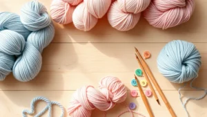 Overhead flat lay of soft pastel yarn skeins, knitting needles, and stitch markers arranged on a light wooden table with natural window light