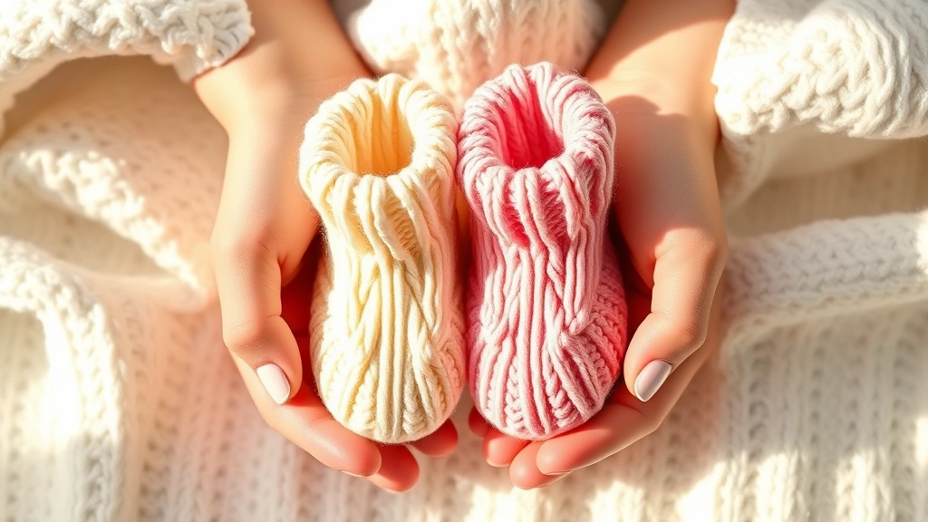 Hands holding completed knitted baby booties in cream and soft pink, displayed on white blanket, warm natural sunlight