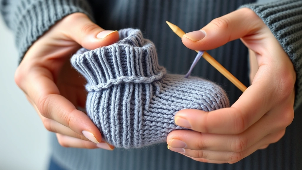 Hands working on a half-finished baby bootie on circular needles, showing ribbed cuff and stockinette stitch body, close-up detail shot