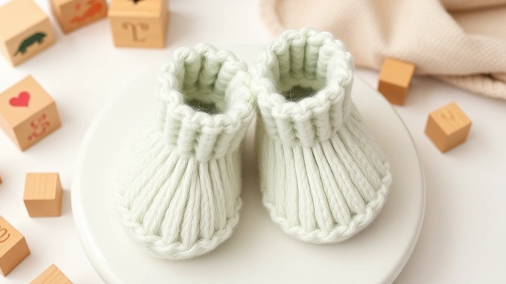 Completed pair of handmade baby booties in soft merino wool displayed on a white ceramic surface next to small wooden blocks and baby toys