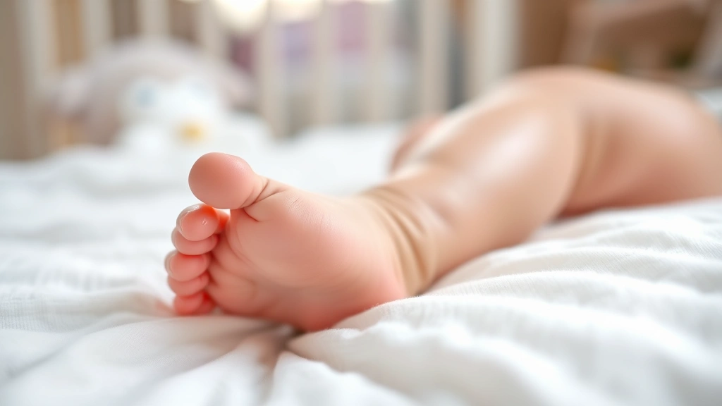 Close-up of a tiny baby's bare foot on soft white blanket, warm natural lighting, peaceful nursery setting