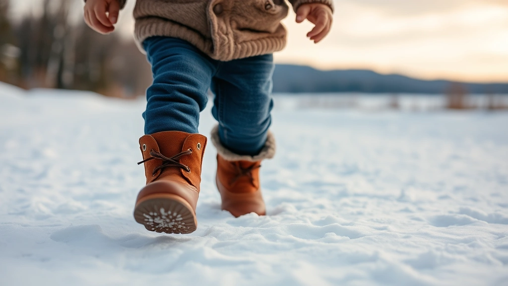Adorable toddler wearing soft brown leather boots walking on snowy ground, winter landscape background, joyful outdoor moment