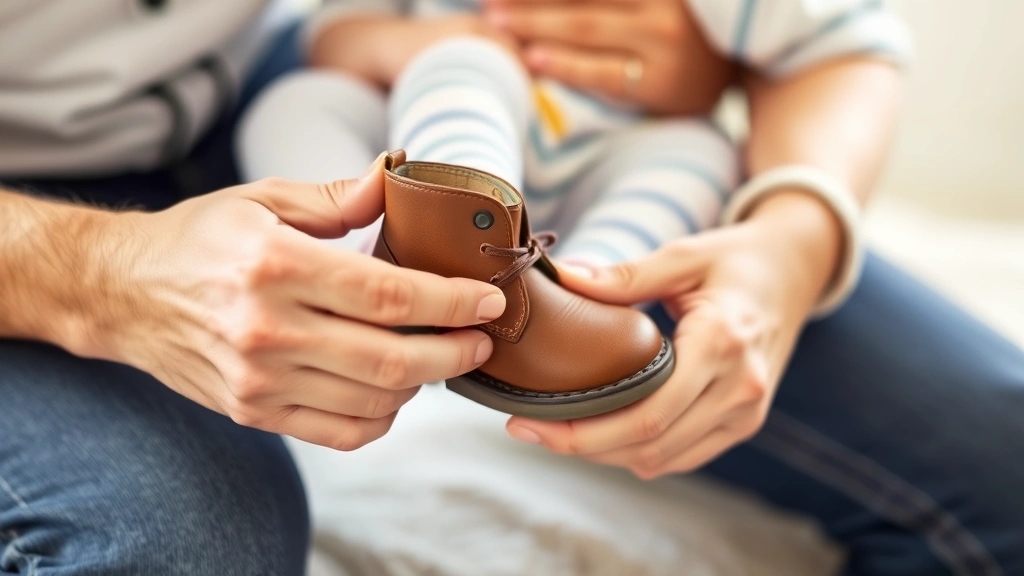 Parent's hands fitting a small boot onto a baby's foot, showing proper fit and comfort, natural daylight, tender caregiving moment