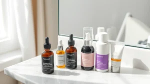Professional skincare setup with serums, moisturizer, and sunscreen bottles arranged on marble surface beside a mirror, natural morning light, minimalist aesthetic