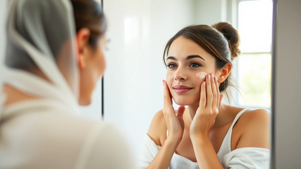 Parent applying sunscreen to their own face in bathroom mirror with serene expression, morning skincare routine, soft natural lighting through window