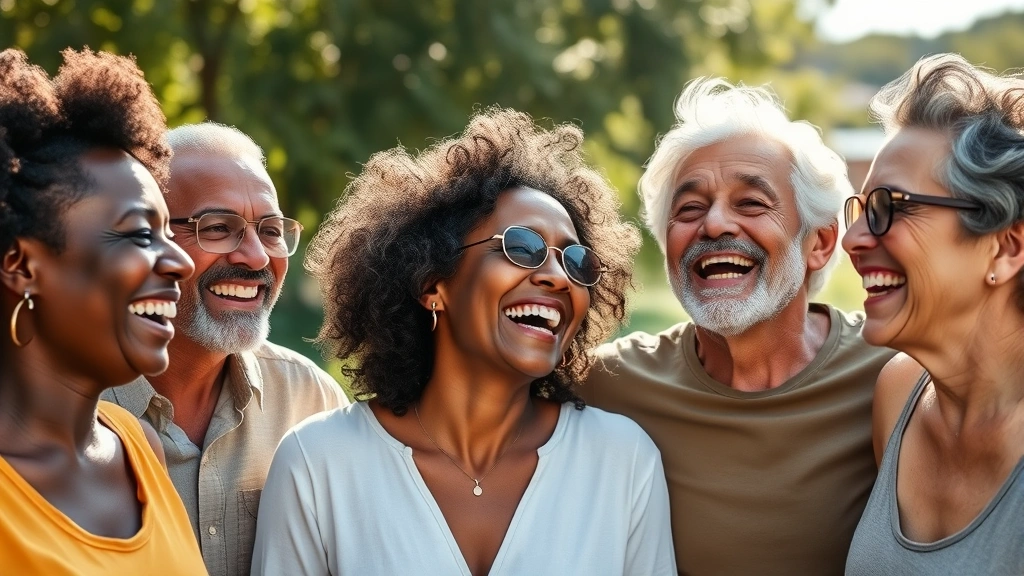 Diverse group of adults of different ages laughing together outdoors in natural sunlight, showing varied skin tones and ages, joyful genuine expressions