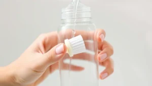 Close-up of a parent's hands using a bottle brush to clean the interior of a clear glass baby bottle under warm running water, showing detailed bristle action