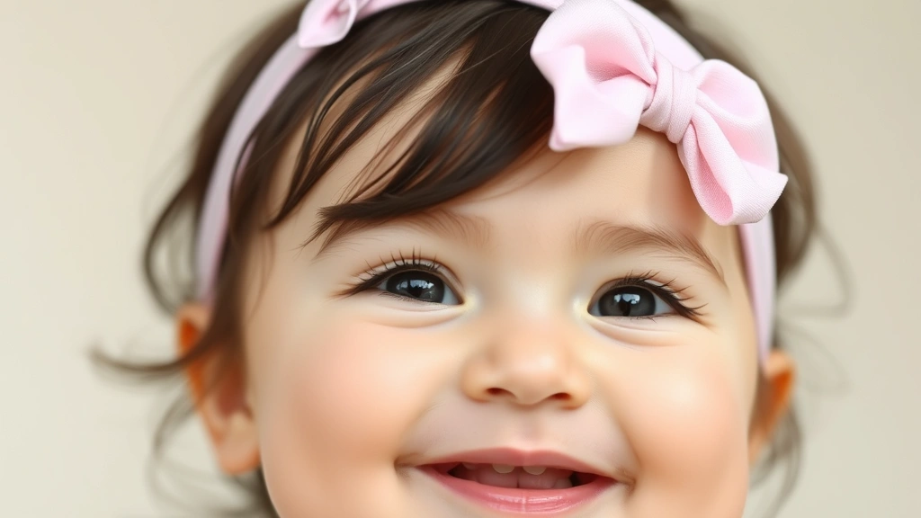 Close-up of a smiling baby girl wearing a soft pastel headband bow, natural lighting, gentle expression, blurred neutral background