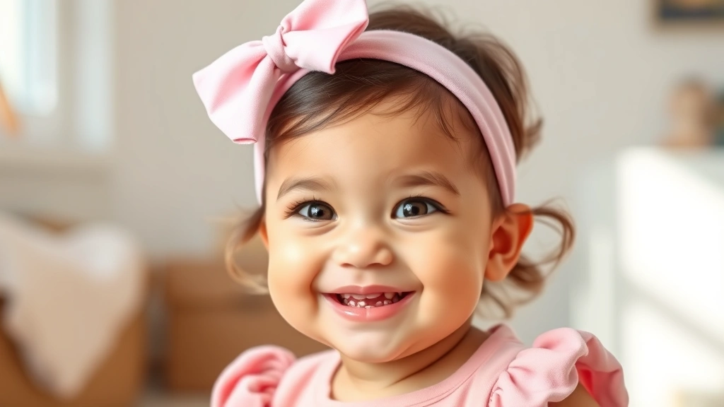 Smiling baby girl wearing a soft pink bow headband, looking at camera with joyful expression, natural indoor lighting