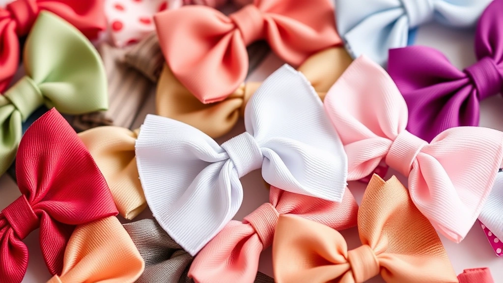 Close-up of various colorful baby bows arranged neatly, showing different styles and textures like satin, cotton and grosgrain ribbons